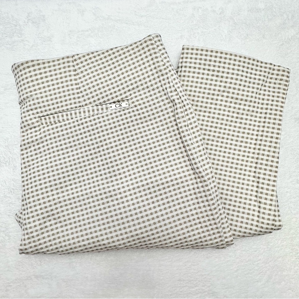 Calvin Klein 10 Dress Pants Tan Beige & White Gingham Check Stretch Women